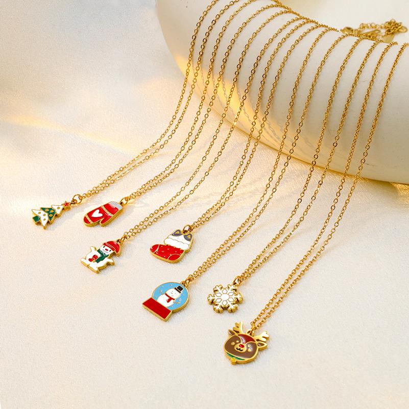 Christmas Cartoon Oil Dripping Elk Snowman Bell Necklace, Creative Design Gift Versatile Item Pendant Woman