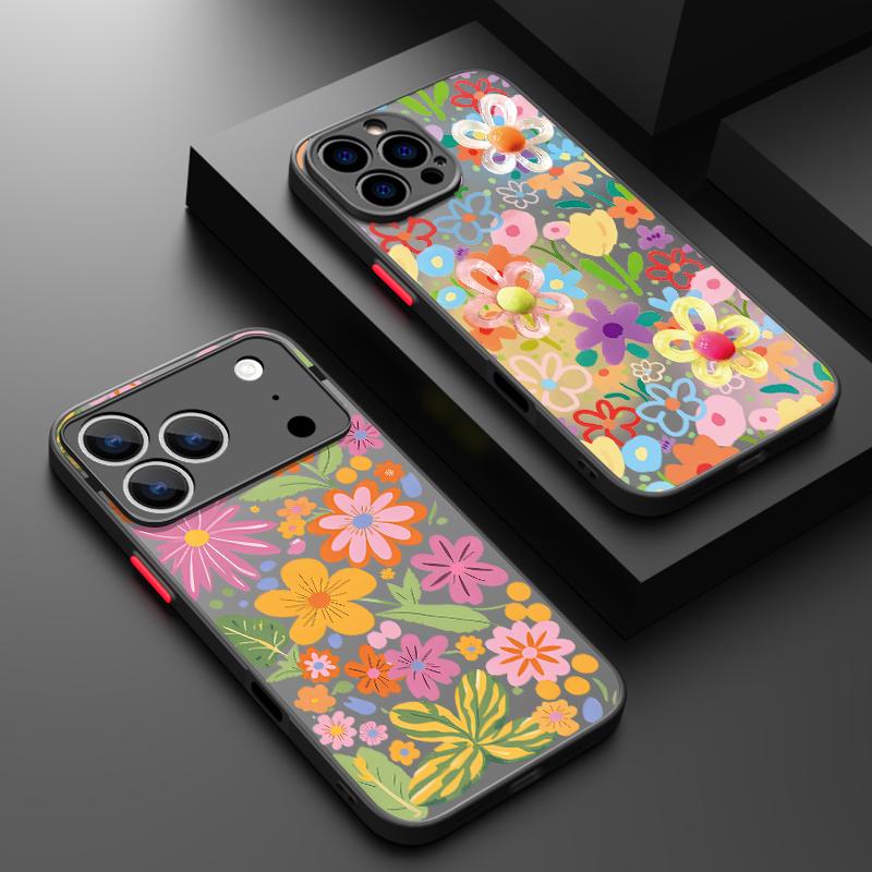 Cartoon Flowers Print Case For iPhone 17 Air 16e 16 15 14 Pro Max 13 15 Pro 17 Pro 17 Shockproof Soft Edge Hard PC Matte Phone Cover