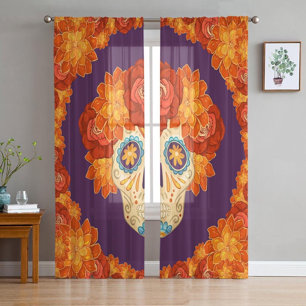 Skull Black Sheer Curtains Window Tulle Curtains For Living Room Bedroom For Kitchen Veiling Curtains Decoration