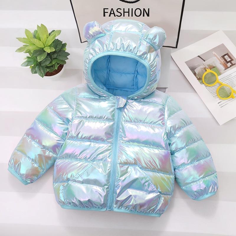 2-6 Years Kids Fashion Colorful Shiny Down Cotton Jacket Autumn Winter Boys Girls Cartoon Ear Hooded Zipper Coat