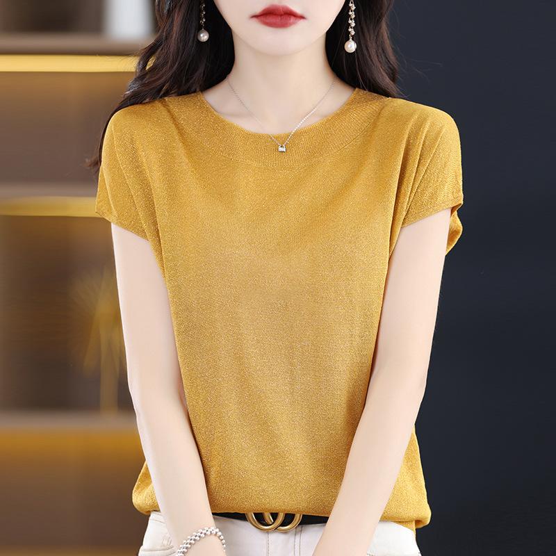 IHUASU Dámské ledové hedvábné tričko s krátkým rukávem léto světlé hedvábí temperament žerzej plátno halenka s výstřihem do O tenké univerzální volné