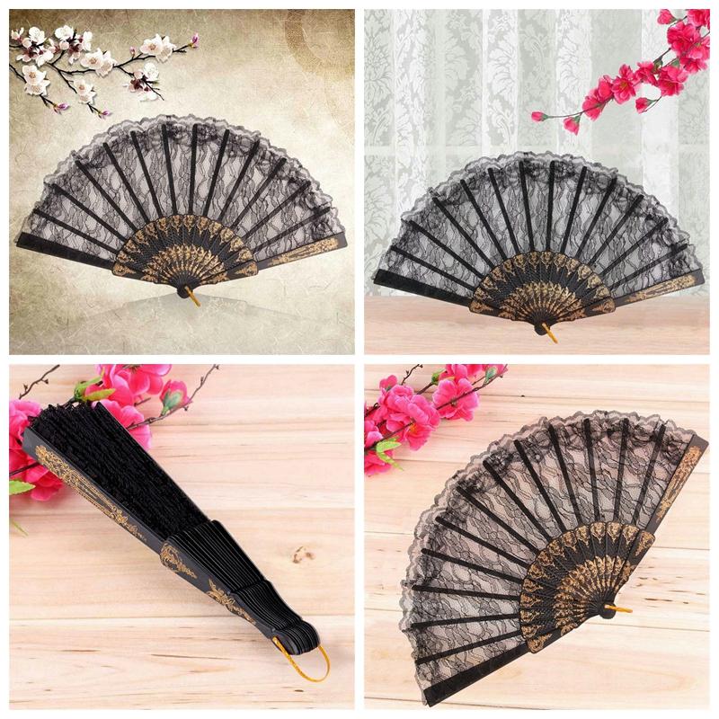 Black Spanish Style Dance Party Wedding Lace Silk Folding Hand Held Flower Fan