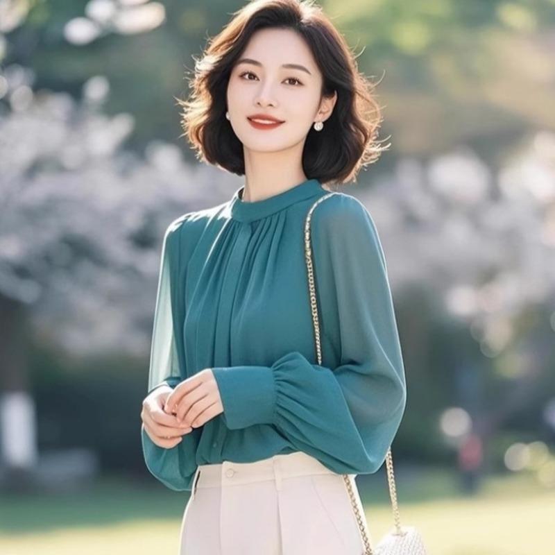 Women French Style Solid Round Neck Long Sleeve Casual Blouse Top S