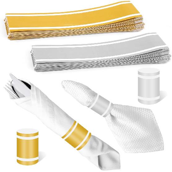 100 PCS (50 Gold + 50 Silver) Napkin Bands, Extended Size Self-Adhesive Paper Napkin Rings | Waterproof & Oilproof Silverware Wrap Bands for Table
