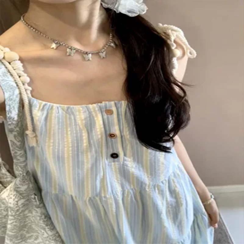 Duanmu purple and blue striped design suspender dress female student 2026 summer new seaside vacation dress