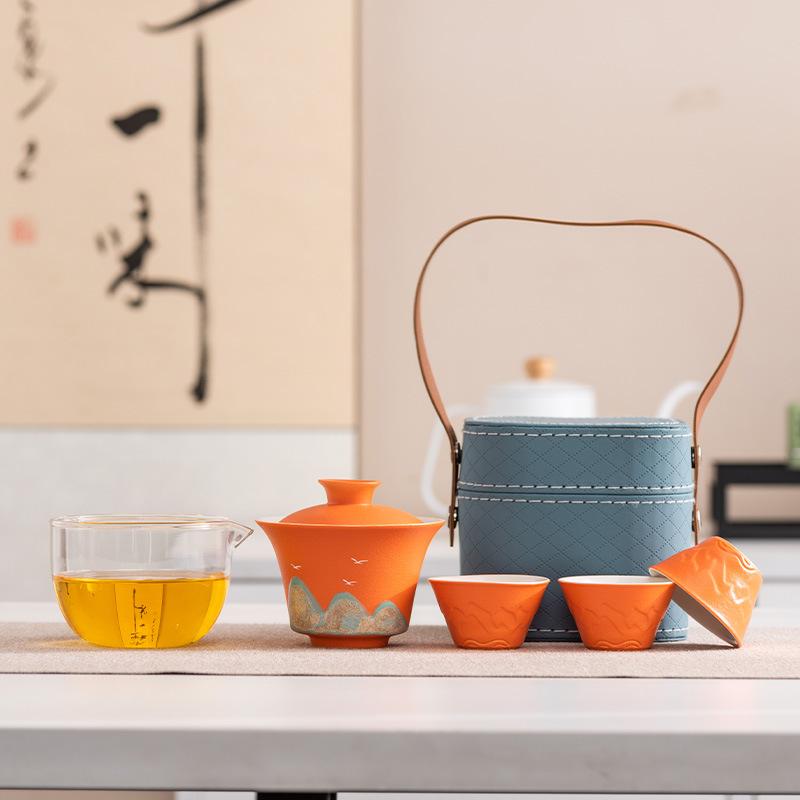 Hand-painted Glaze Painting Distant Mountain Travel Tea Set, One Pot, Three Cups, Outdoor Portable, High-end Business Commemorative Gift