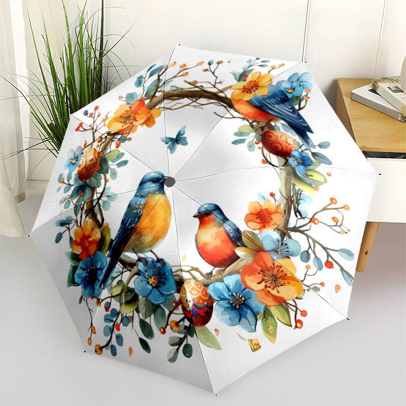 Floral Bird Garden Scene Automatic Umbrella Compact 8-Rib Design Sturdy Construction Travel Essential Compact Folding Umbrella