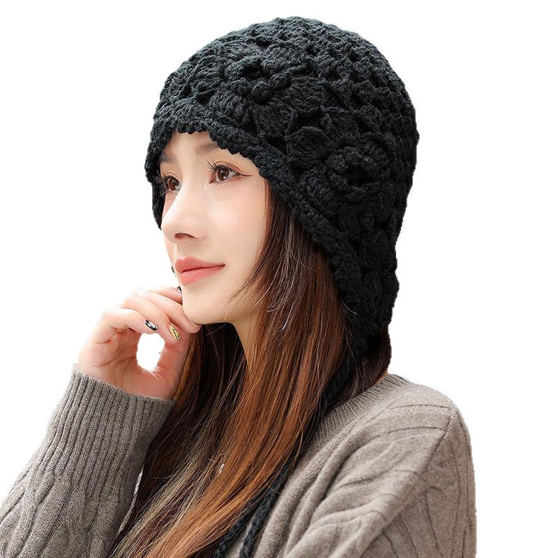 New Tassel Red Flower Hat Cute Autumn and Winter Bag Head Autumn and Winter Ear Protection Warm Handmade Sweet Knitted Wool