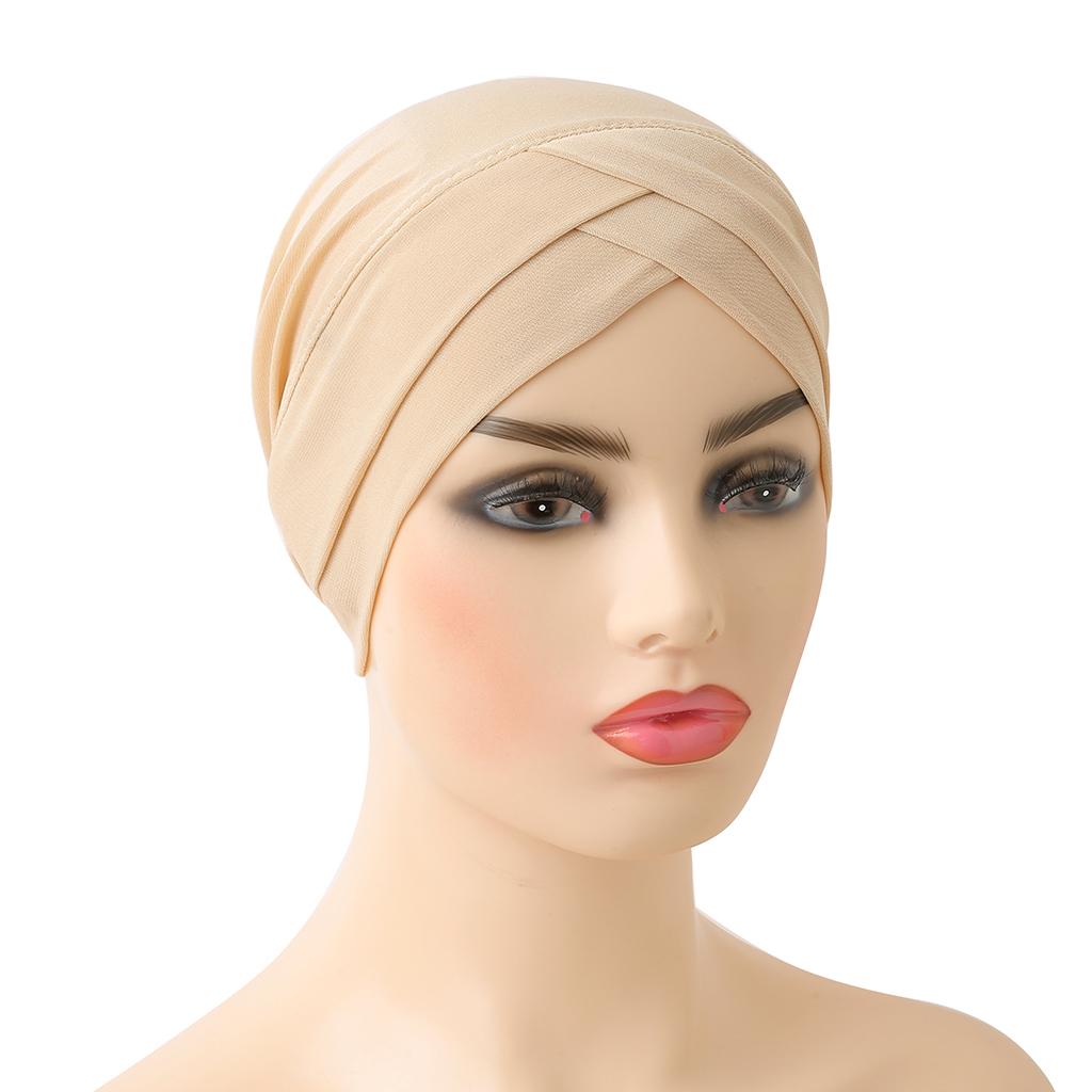 H117 Forehead Criss Cross Muslim Turban Pure Color Stretch Inner Hijabs For Caps Ready To Wear Women Head Scarf Under Bonnet