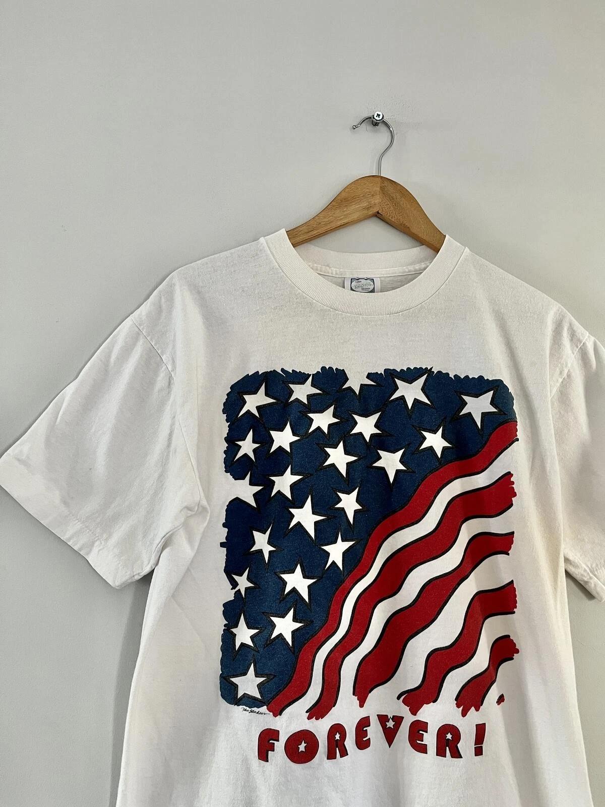 Vintage USA Flag T Shirt XL White Single Stitch Patriotic 90s USA XL