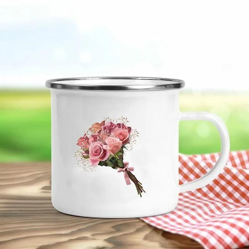 Tazas de Esmalte Retro con Estampado de Flores Tazas de Café Creativas Verano Picnic al Aire Libre Bebidas Zumo Leche Tazas de Acampada Asa Utensilios para Beber Regalos