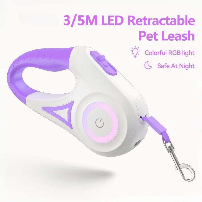 3/5M Automatic Dog Leash Retractable LED Luminous Leading Fashion Light Straps for Dog Puppy Pet Flexi Walking Running Lead Pets
