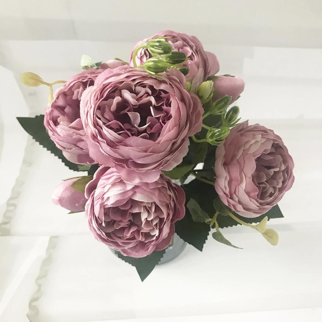 30cm Rose Pink Silk Peony Artificial Flowers Bouquet 5 Big Head and 4 Bud Cheap Fake Flowers for Home Wedding Decoration Indoor