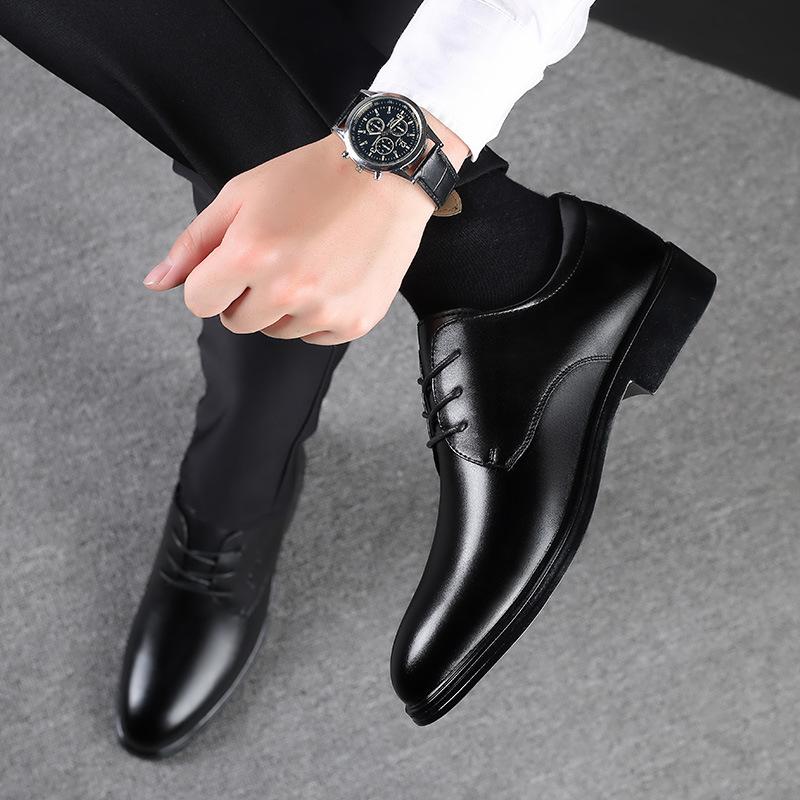 Leather Shoes Men's Genuine Leather Korean Version Business Dress Pointed Head Autumn British Trend Breathable Black Groom Wedding Shoes Men