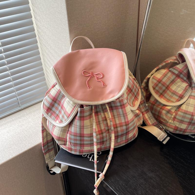 Cute Travel Backpack New Pink and White Plaid Backpack Schoolbag