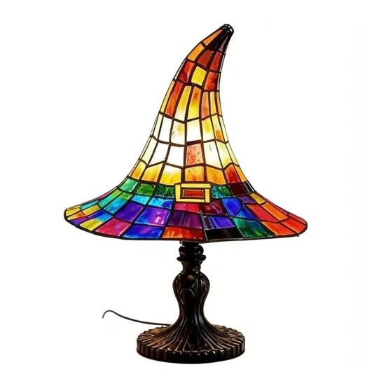 Stained Glass Witch Hat Lamp, USB Powered Resin Night Light, Gothic Halloween Table Lamp for Bedroom Bookshelf Mantel Party Decor