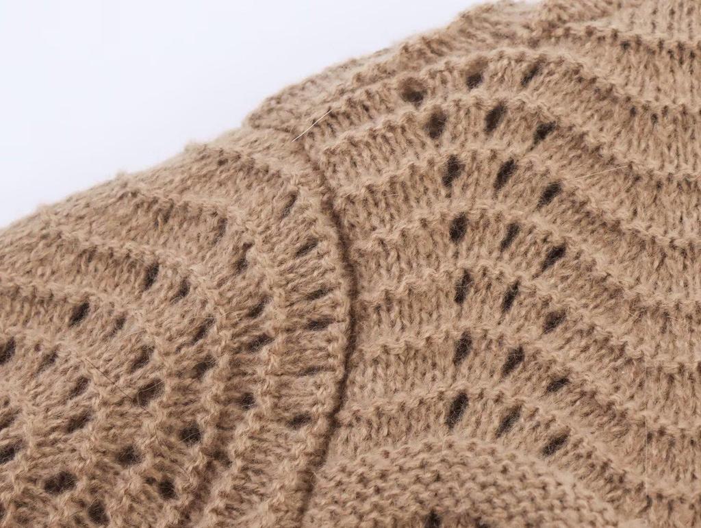 NSSF Handmade Crochet Wave Hem Tie-Waist Furry Women's Pullover Sweater