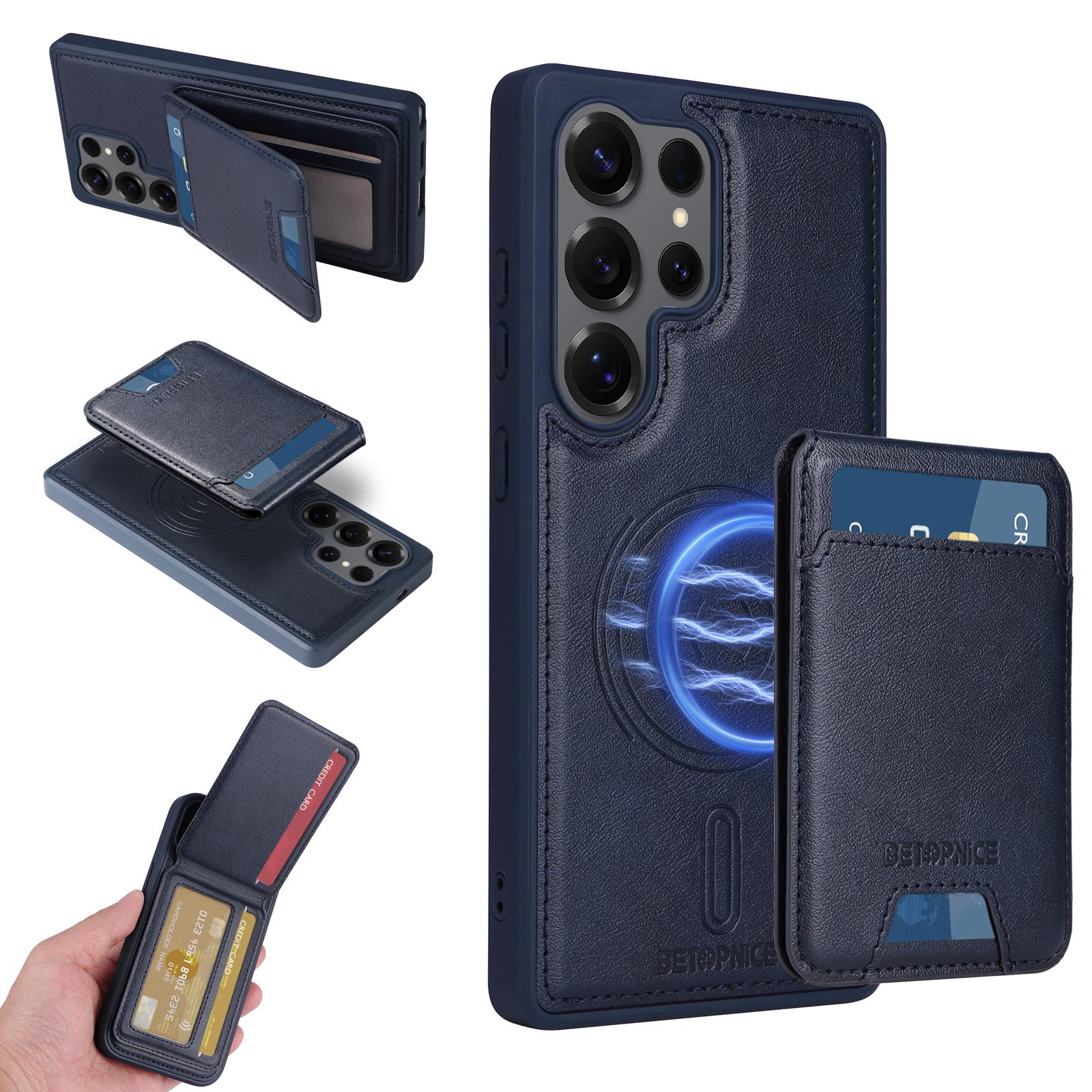 

For Samsung Galaxy S25 Ultra Magnetic Case BETOPNICE RFID Blocking Leather Phone Back Cover with Detachable Card Bag Blue