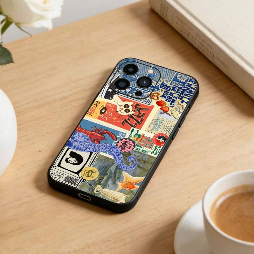 Collage  Phone Case For iPhone 16,15,14,13,12,17,Pro Max,Plus Silicone Black Case