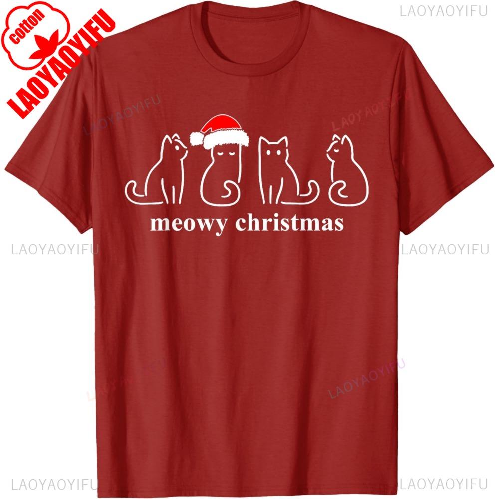 Meowy Catmas Cat Christmas Cute Kitten Cats Santa Hat Xmas T-Shirt High Quality Cotton Tops New Casual Simple Short-sleeve
