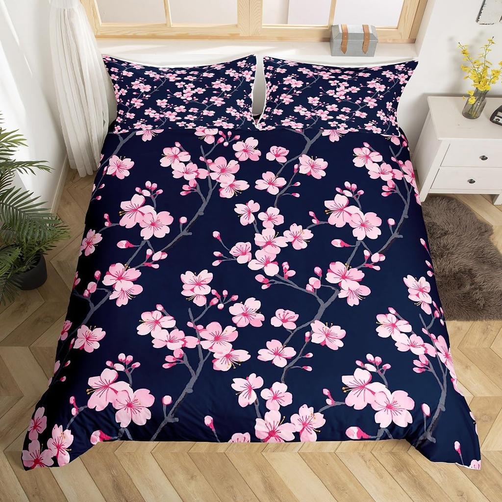 Pink Cherry Blossom Duvet Cover Twin King,Japanese Flowers Blossoms Romantic Floral Bedding Set,Farmhouse Petals Comforter Cover