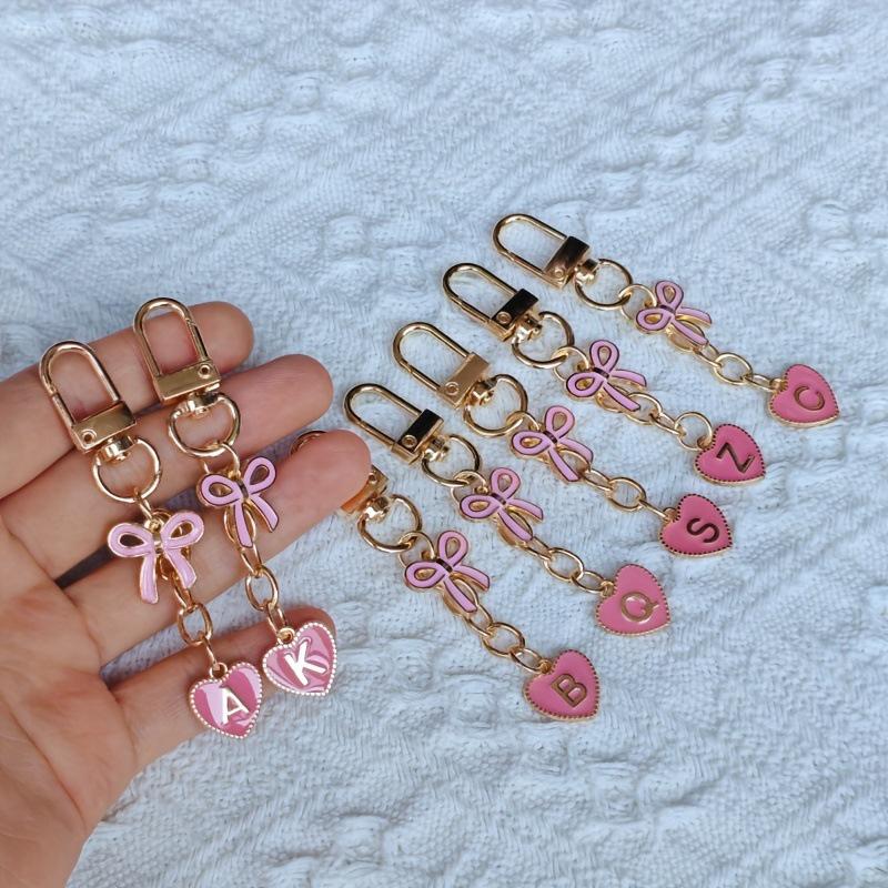 Creative Letters Metal Pink Bow Keychain Fashion A-Z 26 Letters Keyring Charms Mobile Phone Key Holders Bag Accessories Gift