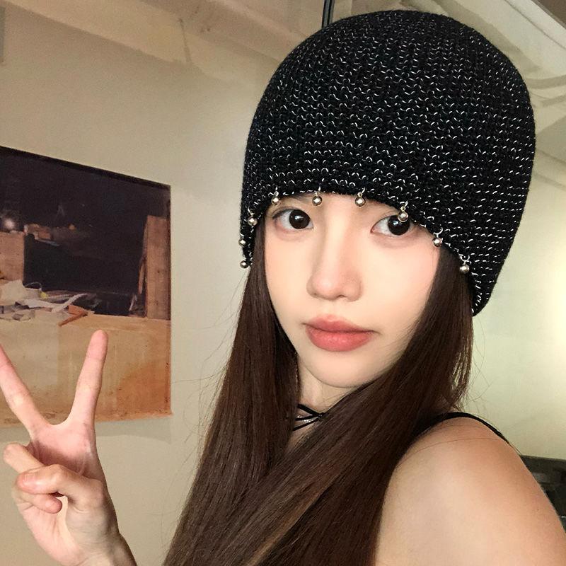 Ins Spicy Girl Sequin Pile Hat Hat Women's Versatile Fashion Handmade Knitted Hollow Out Face Display Cold Hat with Head Cover
