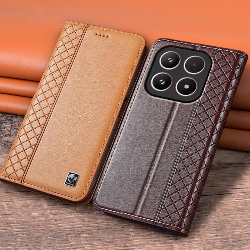 Flip Case for XIAOMI 17 17Pro Pro Max 5G Genuine Leather Magnetic Book Cover Luxury Cowhide Grid Pattern Wallet Cases Covers