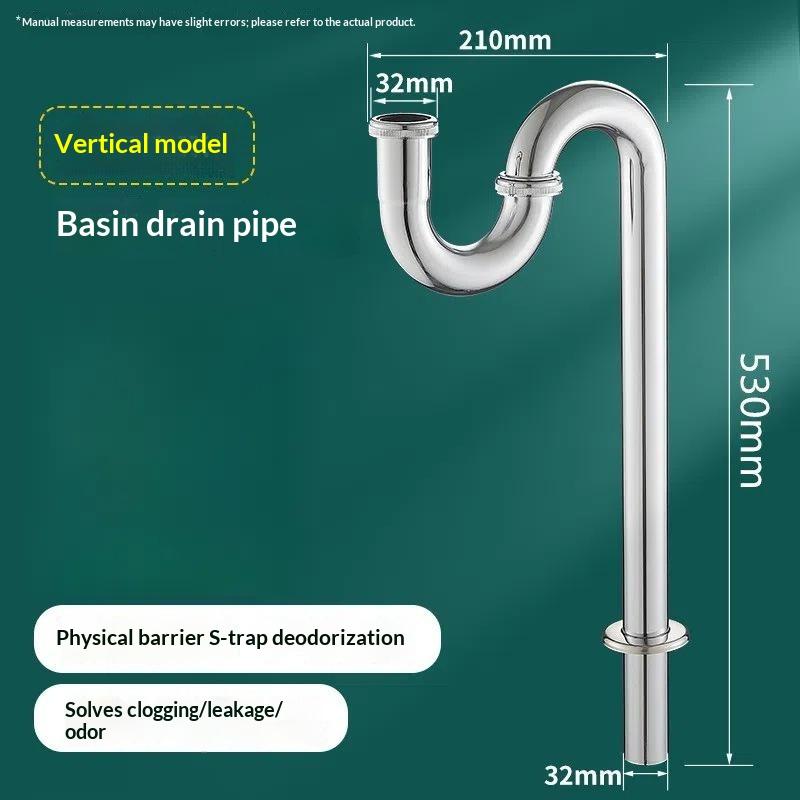 Stainless Steel Drain Pipe For Washbasins, U-Shaped Odor-Proof Basins, Wall-Mounted P-Bends, S-Bends