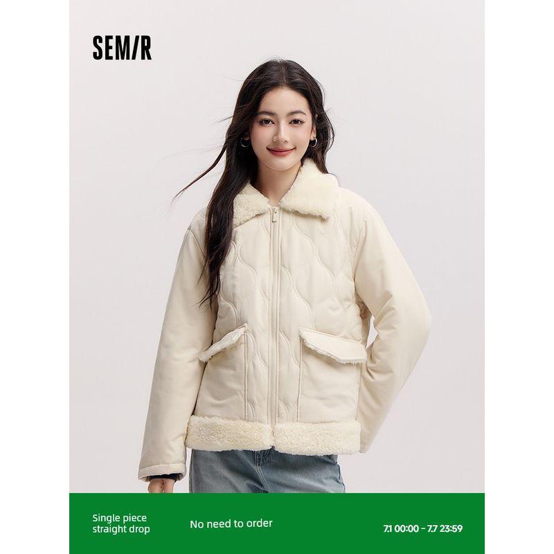 

Senma Cotton-Padded Clothes for Women Patchwork Stuffed Lapel Gentle and All-Match 2024 Winter New Arrival Fashion Loose Cotton Coat Retro Style White 00311 165/88A/L