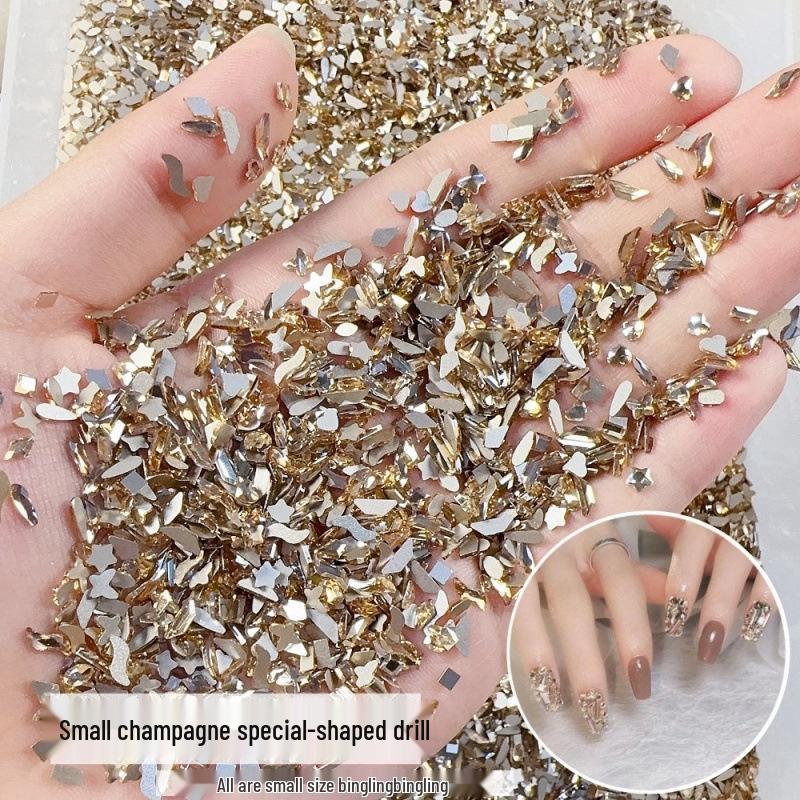 Champagne Color Nail Art Rhinestones: Mini Flat Back Irregular Water Diamonds, Super Shiny Nail Decorations Stickers