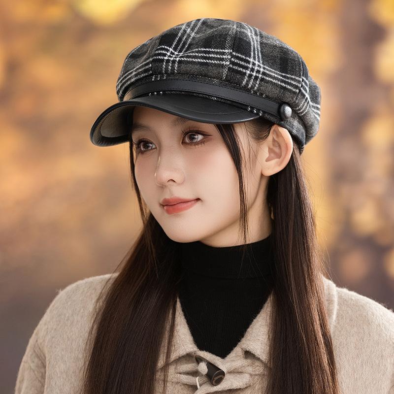 Flattening Cap Women, Beret Newsboy Hat for Small Face, British Style Autumn Winter Octagonal Hat