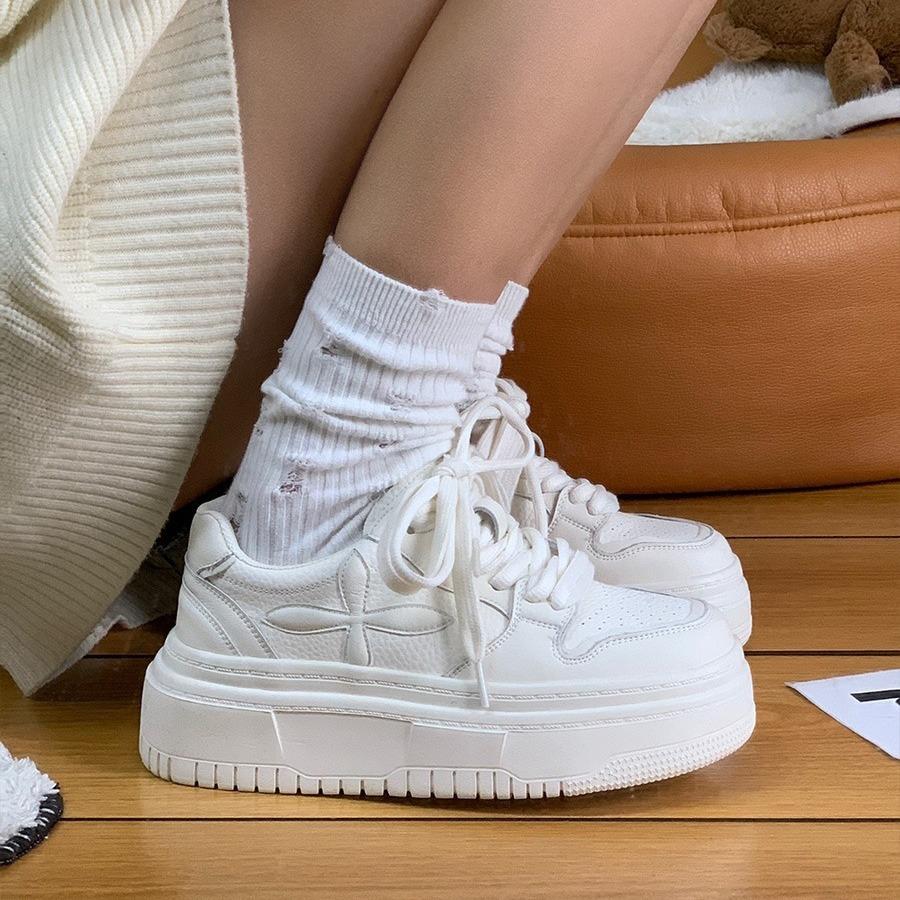 Cowhide version~ inner height-increasing white shoes for women's spring and autumn new thick-soled versatile height-increasing casual sports shoes