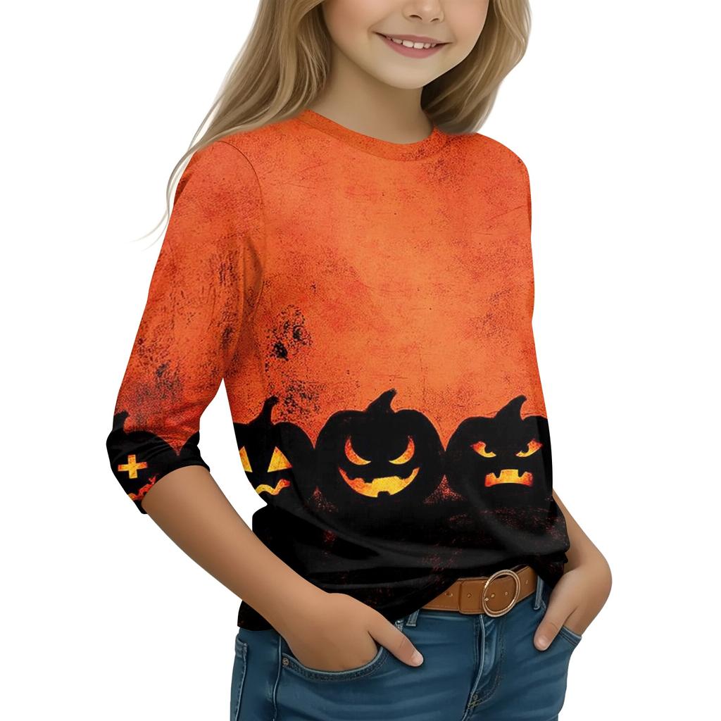 Girls Halloween Pumpkin Witch Print Long Sleeve Neck Casual Tee