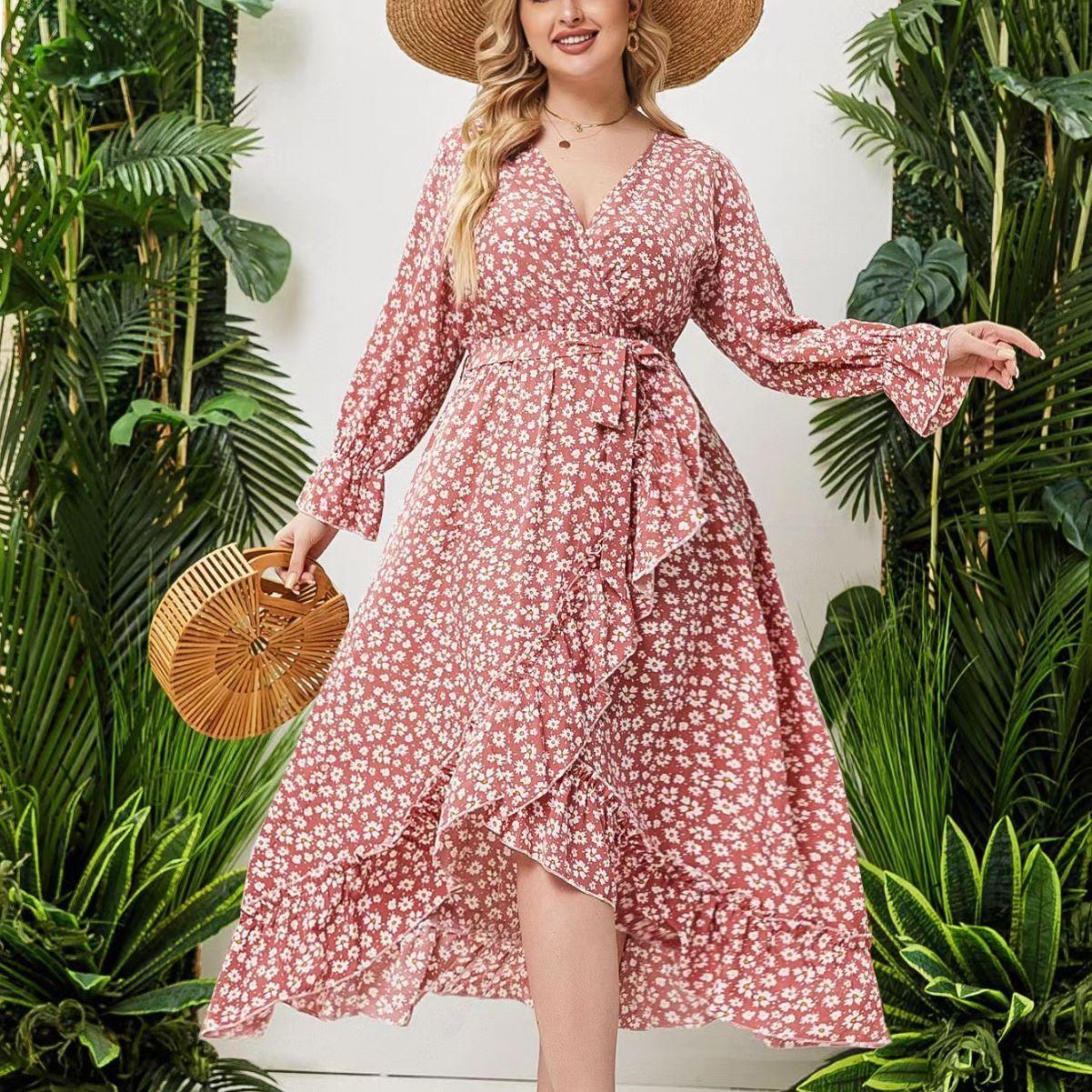 

Плюс Размер Женщин Темперамент Пригородный Длинный Рукав Свободное Платье 4XL розовый