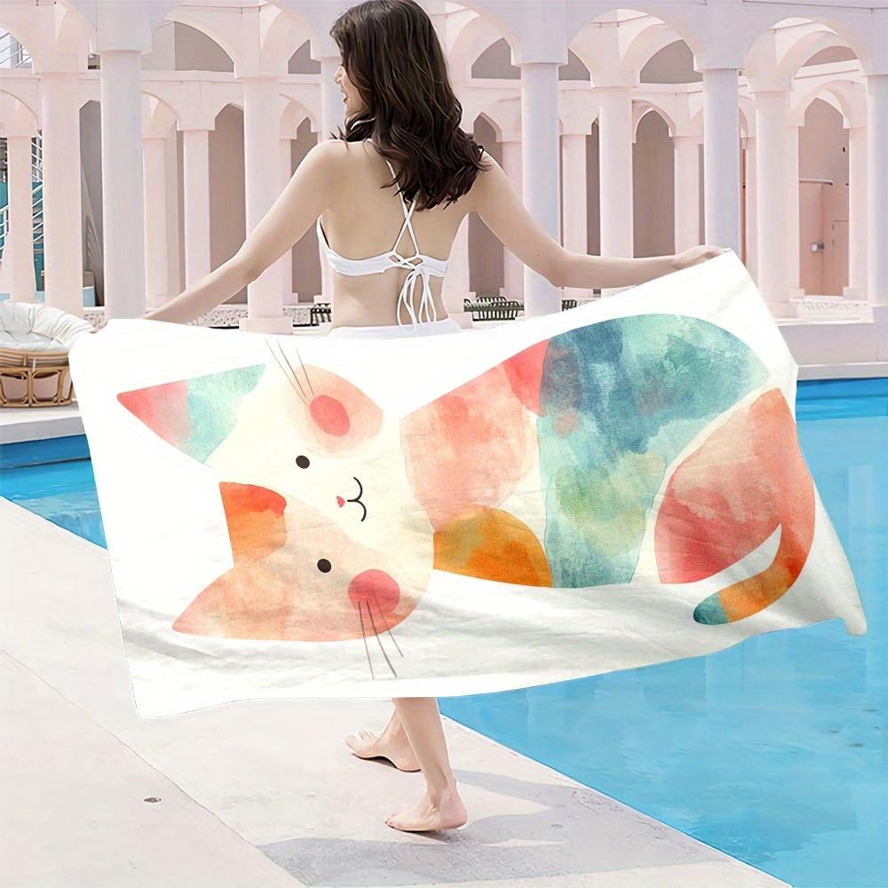 1pc Cute Cat Microfiber Beach Towel Scarf - Lightweight, Quick-Dry, Absorbent Travel Accessory with Vibrant Watercolor Design
