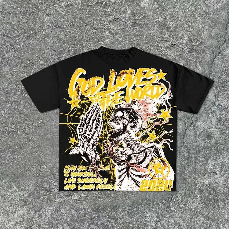 Hot Selling God Loves The World Graphic Print Casual Short Sleeve Streetwear Fashion Loose Oversized Cotton T-Shirt Men Women Summer New Tee