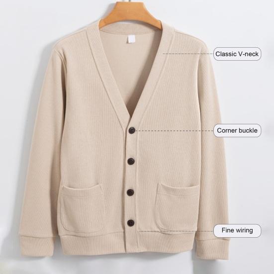 Fall Winter Men Cardigan V Neck Knitted Solid Color Elastic Pure Color Loose Buttons Single-breasted Formal Business Style Sweater Coat