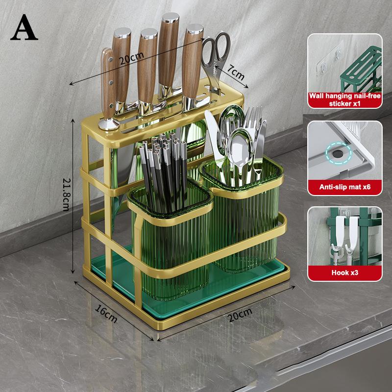 Wall Mounted Kitchen Cutlery Organizer Knife Spoon Fork Chopstick Drain Rack Drainer Utensil Kitchen Storage Punching Free