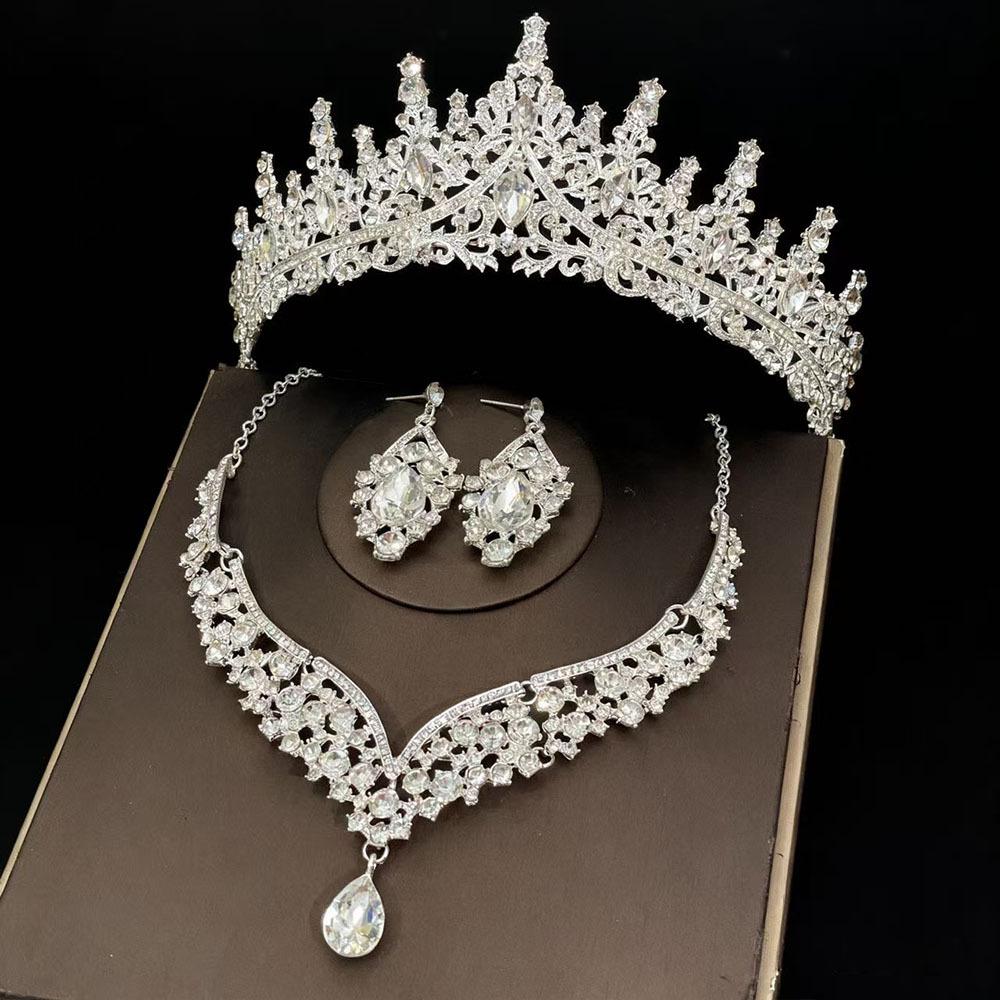 

Bride s Crown Headwear Necklace Earrings Rhinestones Three Piece Set Main Wedding Dress Evening Gown Birthday Crown Retro Accessories