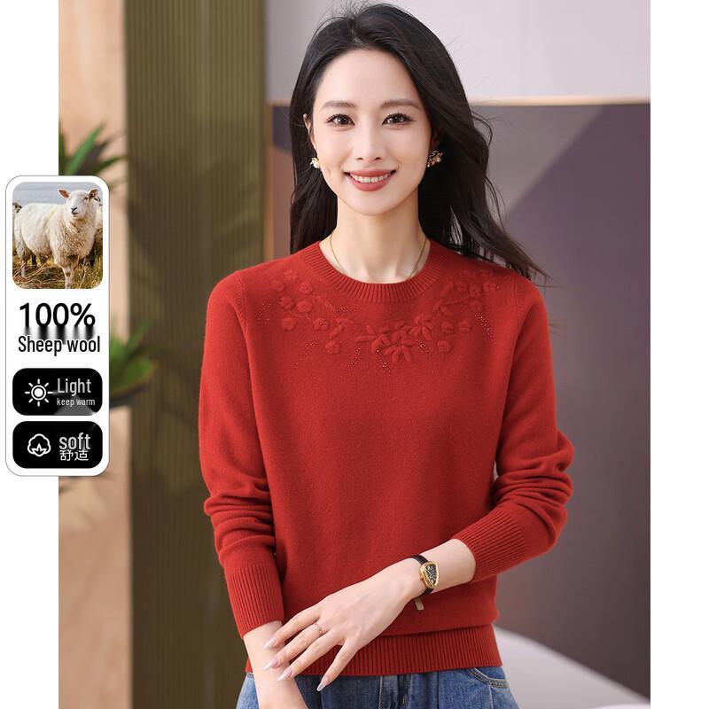 SNOWFLYING Women's 100% Merino Wool Round Neck Sweater with Crochet & Rhinestone Detail