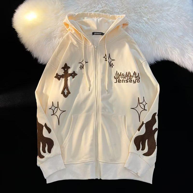 Men's Hooded Zip-Up Cardigan Sweatshirt with Cross & Flame Embroidery, Fleece-Lined, Trendy Loose Fit for Couples, Perfect for Spring and Autumn.