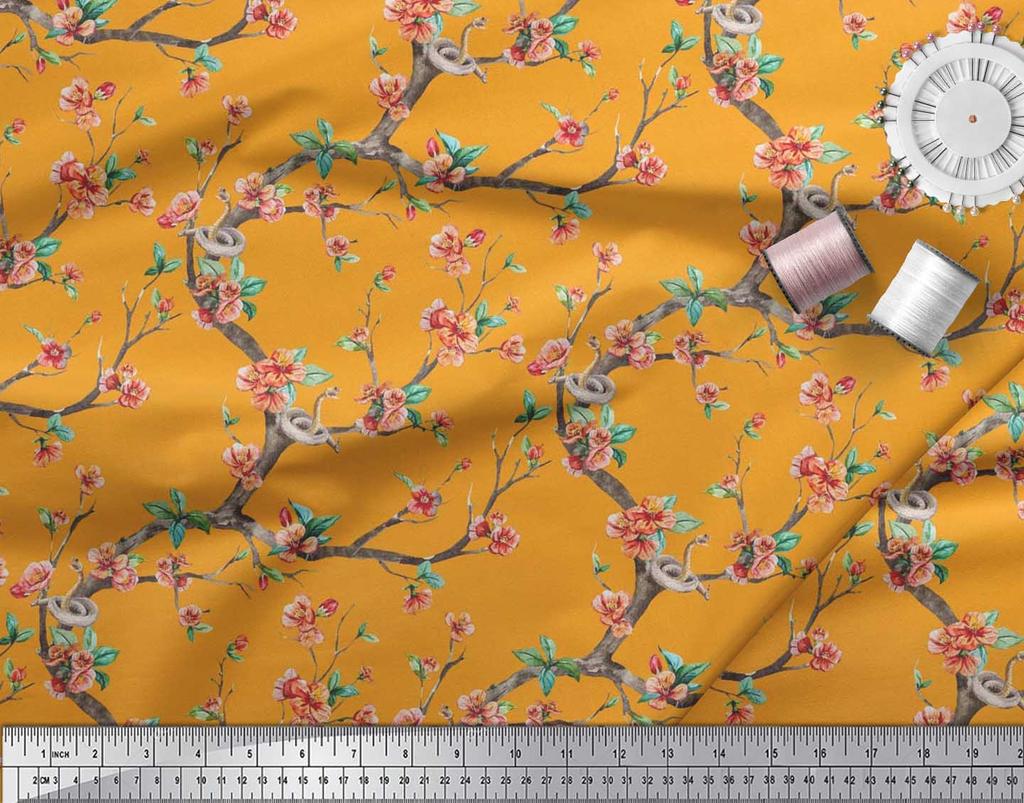 Soimoi Japonská krepová saténová látka Had, listy a květy, květinový potisk v metrech 42 palců