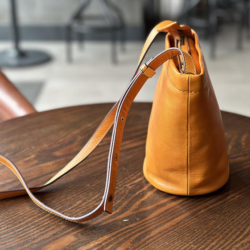 Johnature Casual Women Mini Bag Simple Solid Color Genuine Leather Versatile Small Bucket Shoulder & Crossbody Bags