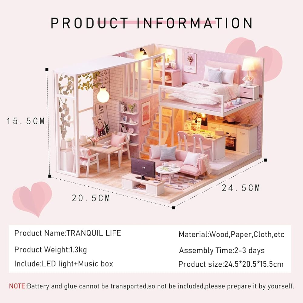 CUTRROOM DIY Miniature Wooden Dollhouse Kit 1:24 Scale with Furniture, Music Box, Dust Cover, LED Light