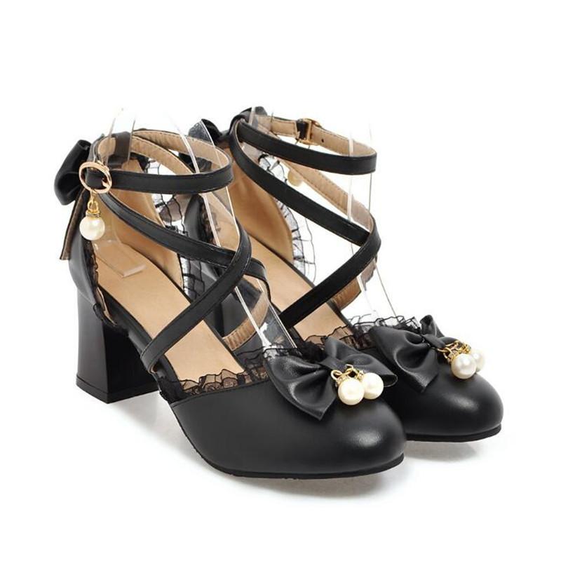 Girls Cross Strap Women Spike High Heels Mary Jane Shoes Party Wedding Cosplay White Pink Ruffles Bow Princess Lolita Pumps32-43
