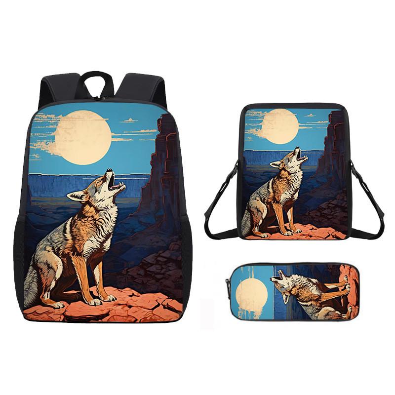 Pattern Animal Wolf Backpack Kids Shoulder Bag Pencil Case Student Use School