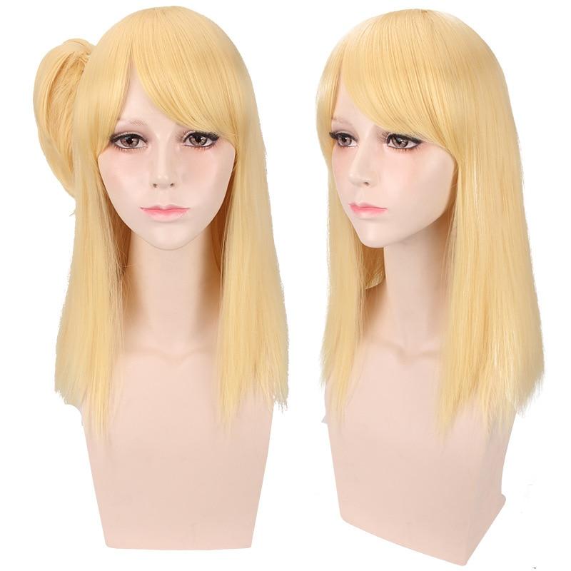 45cm Anime Alta Qualidade Anime Fairy Tail Lucy Heartfilia Longo Reto Traje Cosplay Peruca Para Mulheres Peruca de Cabelo Sintético