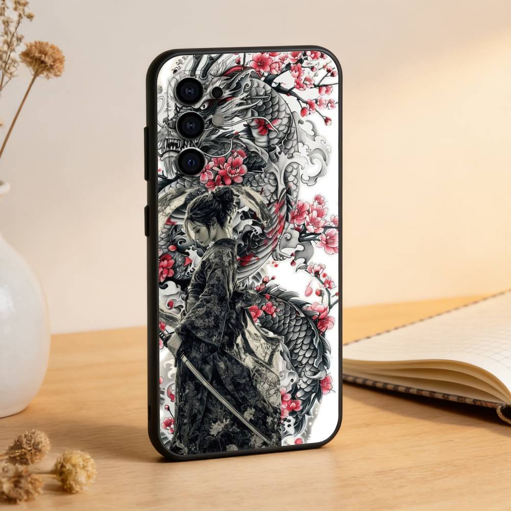 Samurai Warrior Geisha Phone Case For Samsung S25,S24,S21,S22,S23,S30,Ultra,S20,Plus,Fe,Lite,Note,10,Black Cover