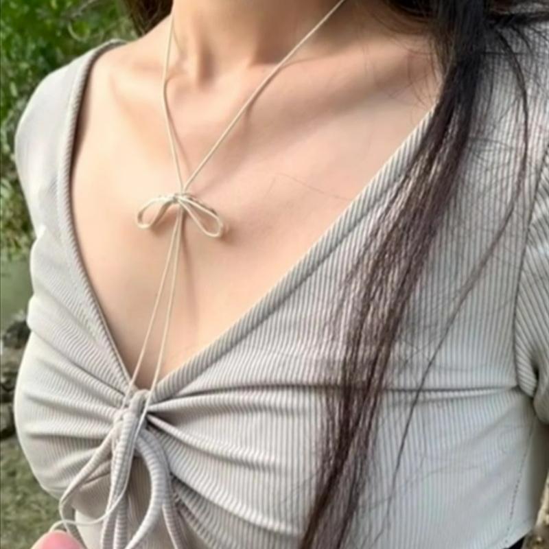 2026 Korean Bowknot Drawstring Necklace for Women Girls Fashion Metal Sliver Long Adjustable Necklace Jewelry Accessories Gift